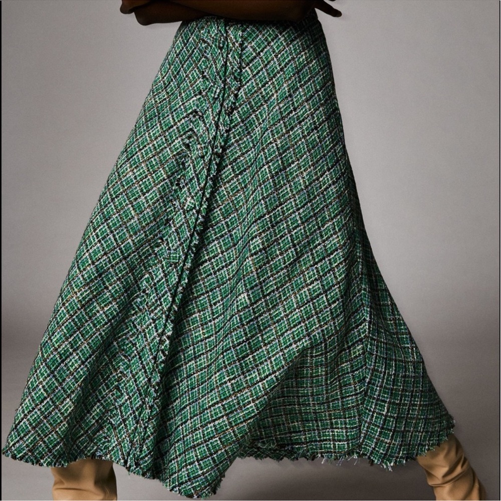 Zara Tweed Weave Textured High Waist A-Line Midi Skirt Green Sz S - Picture 6 of 12